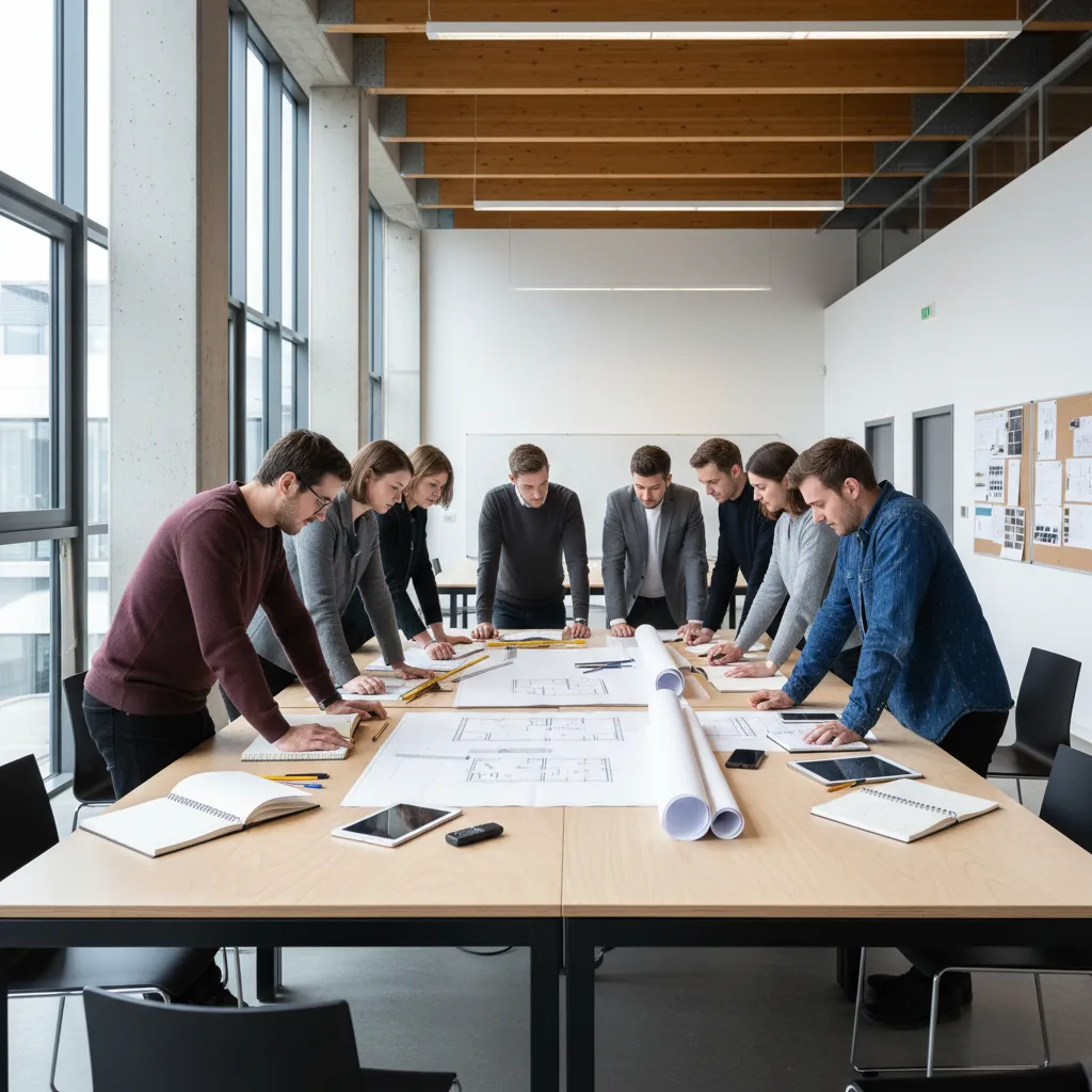 Team of designers standing around a large wooden table reviewing a professional interior design drawing