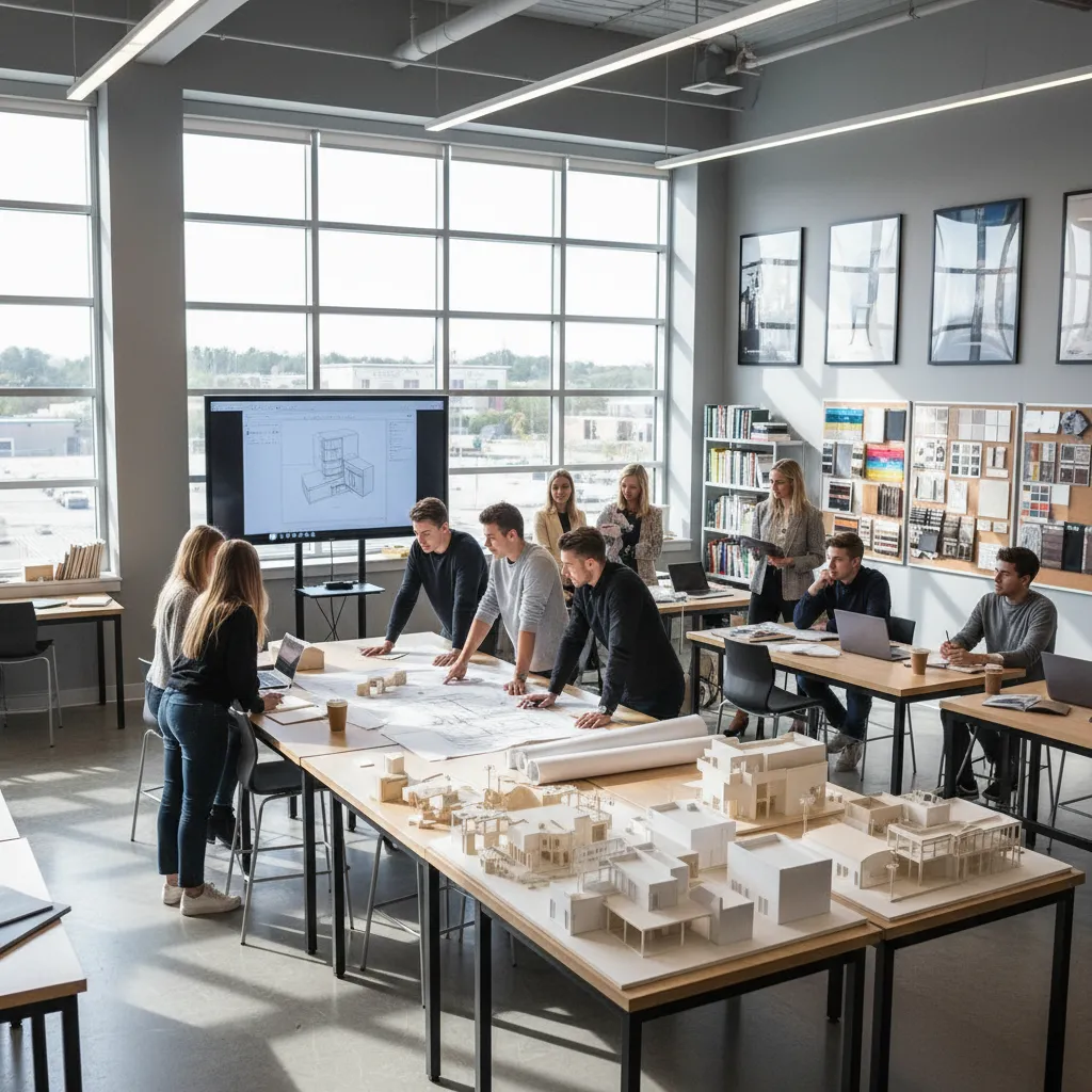 Clase de diseño de interiores con estudiantes revisando planos y maquetas