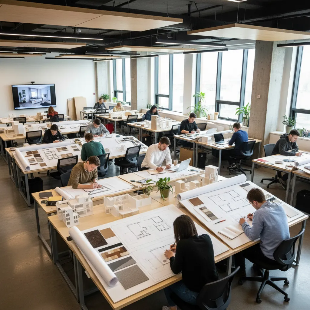 Estudiantes trabajando en proyectos de diseño de interiores con planos y maquetas