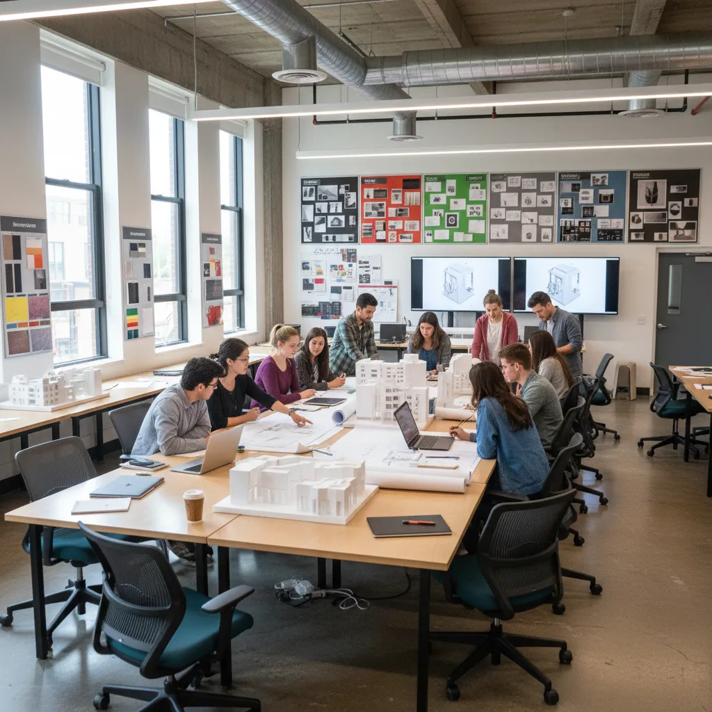 Clase de diseño de interiores con estudiantes revisando planos y maquetas