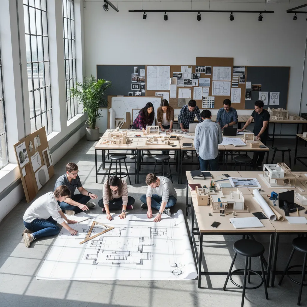 Design students working with floor plans and building models in a bright and open studio