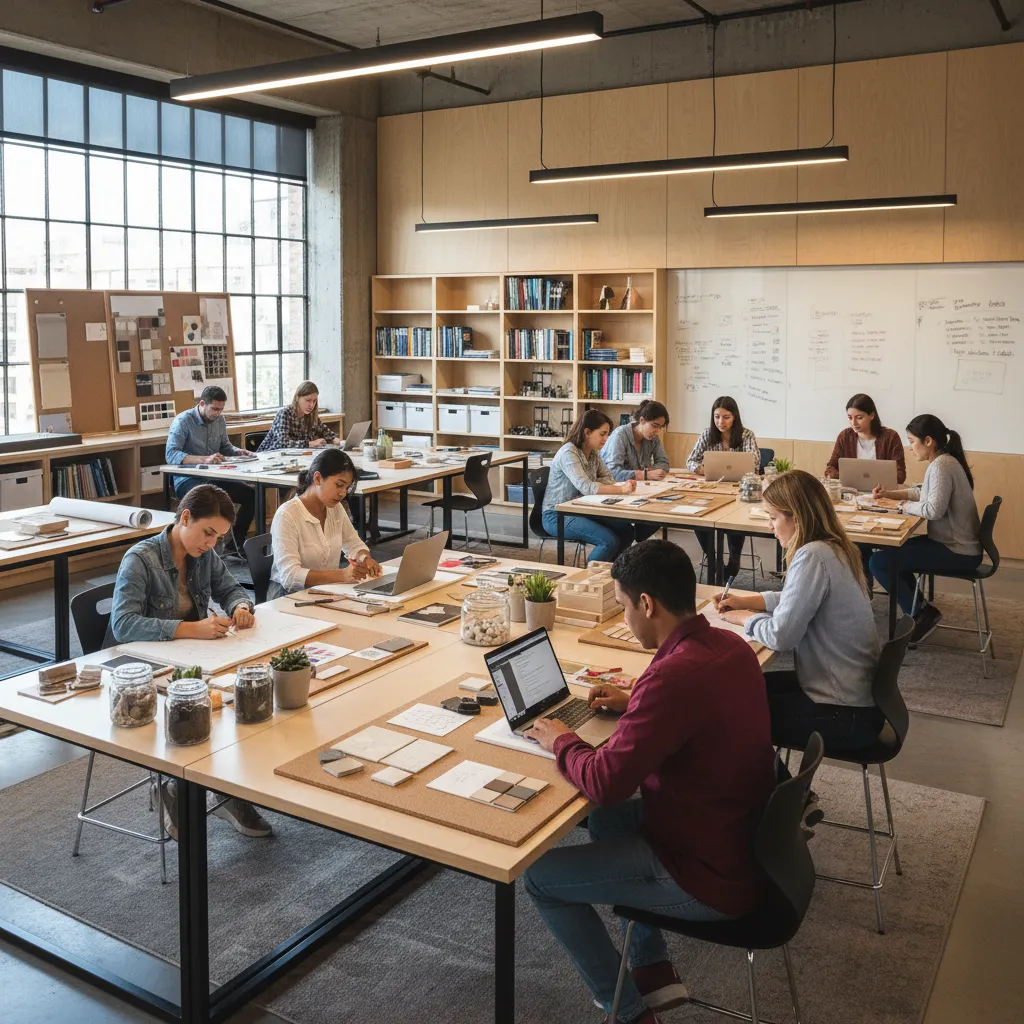 Interior design students working at wooden tables with laptops and material samples in a sunny room