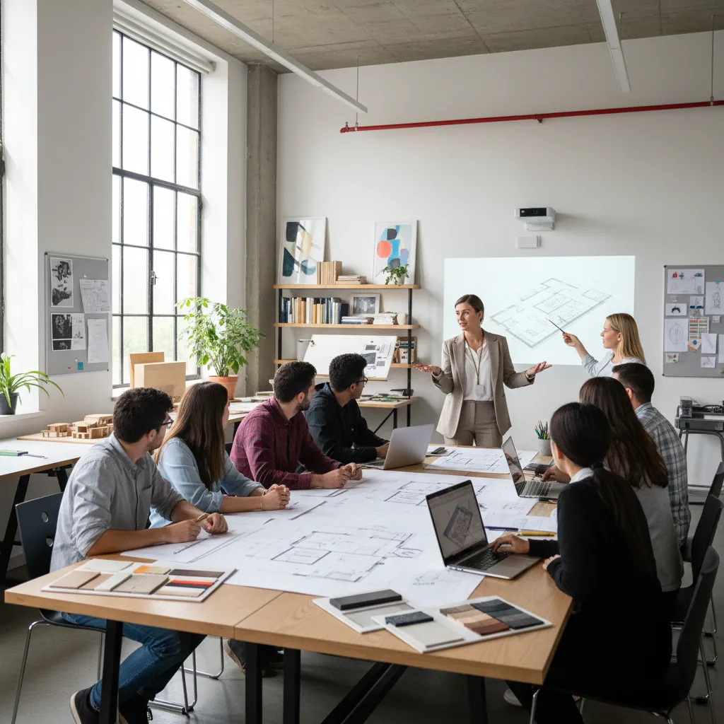 Clase de diseño de interiores con estudiantes revisando planos
