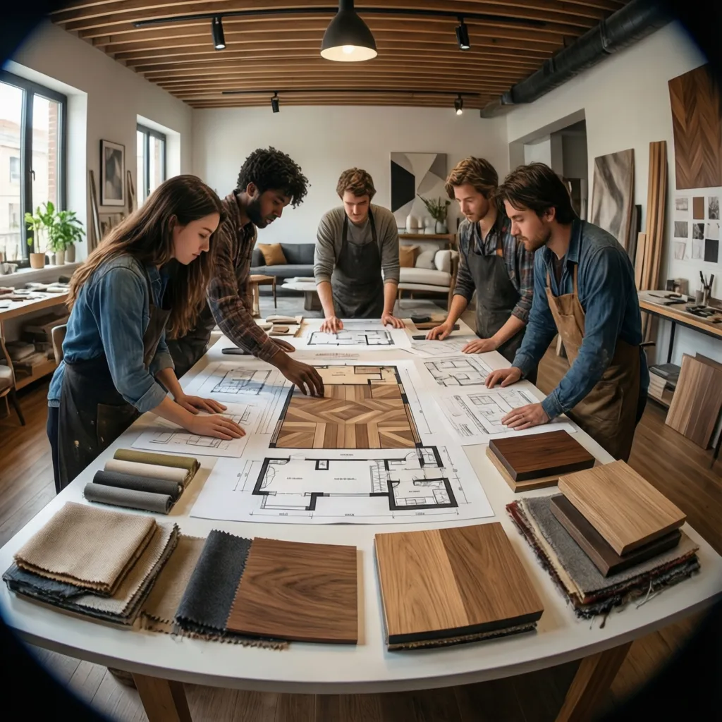 Designers reviewing interior design drawings with wood material samples and fabric swatches on large table
