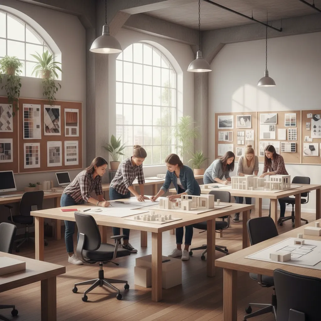 Clase de diseño de interiores con estudiantes revisando planos y maquetas