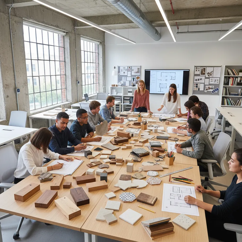 Clase práctica de diseño de interiores con muestras de materiales y planos
