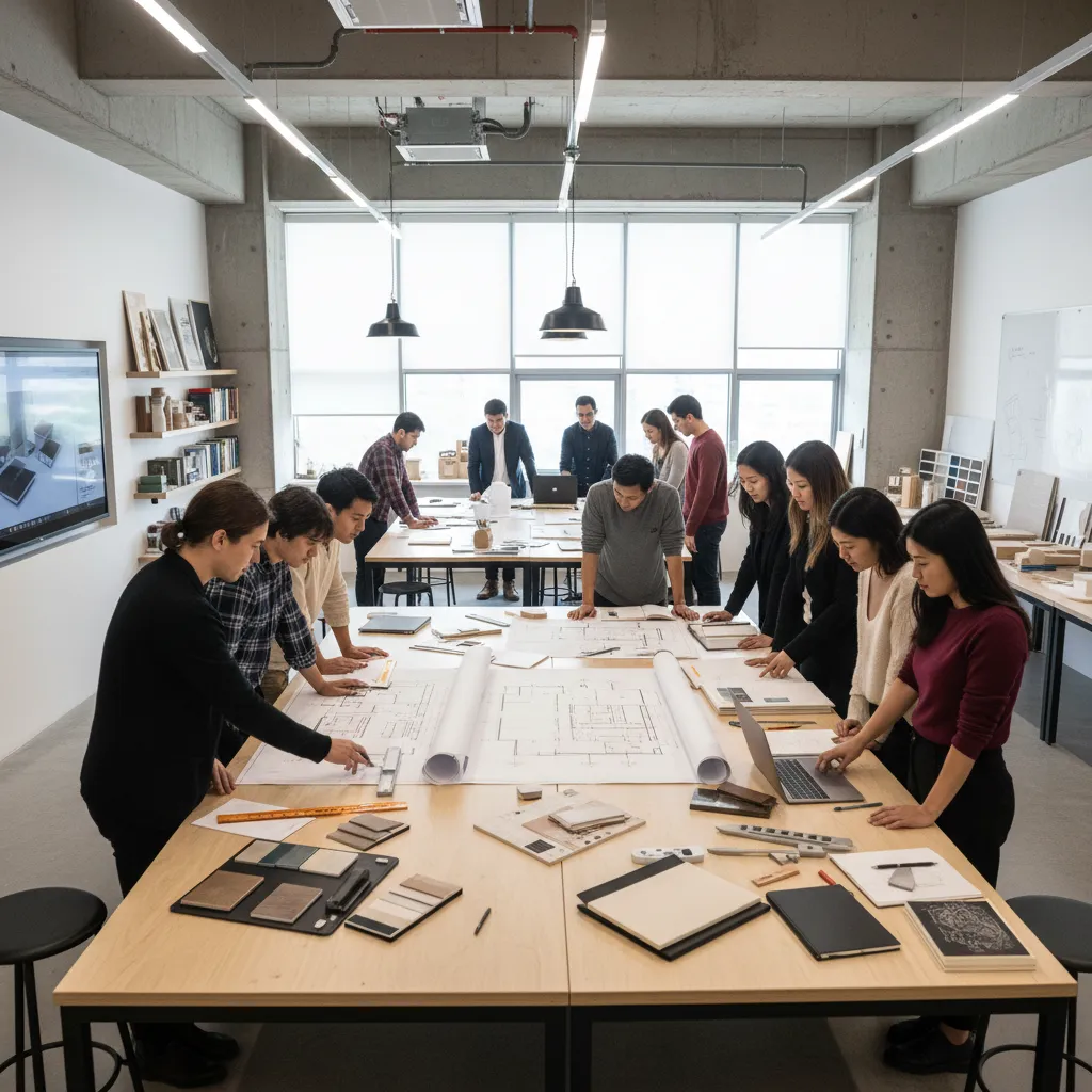 clase de diseño de interiores con estudiantes revisando planos