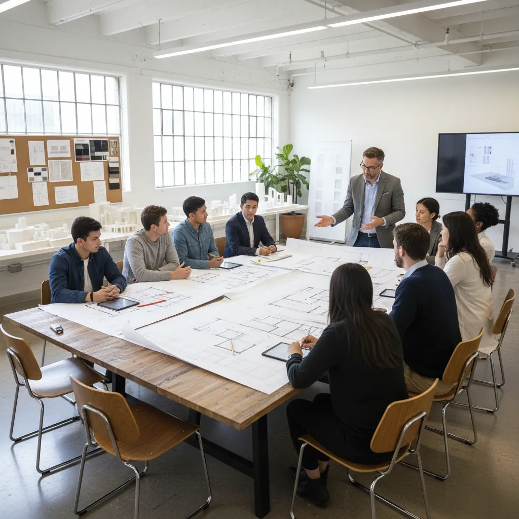Clase de diseño de interiores con estudiantes analizando planos