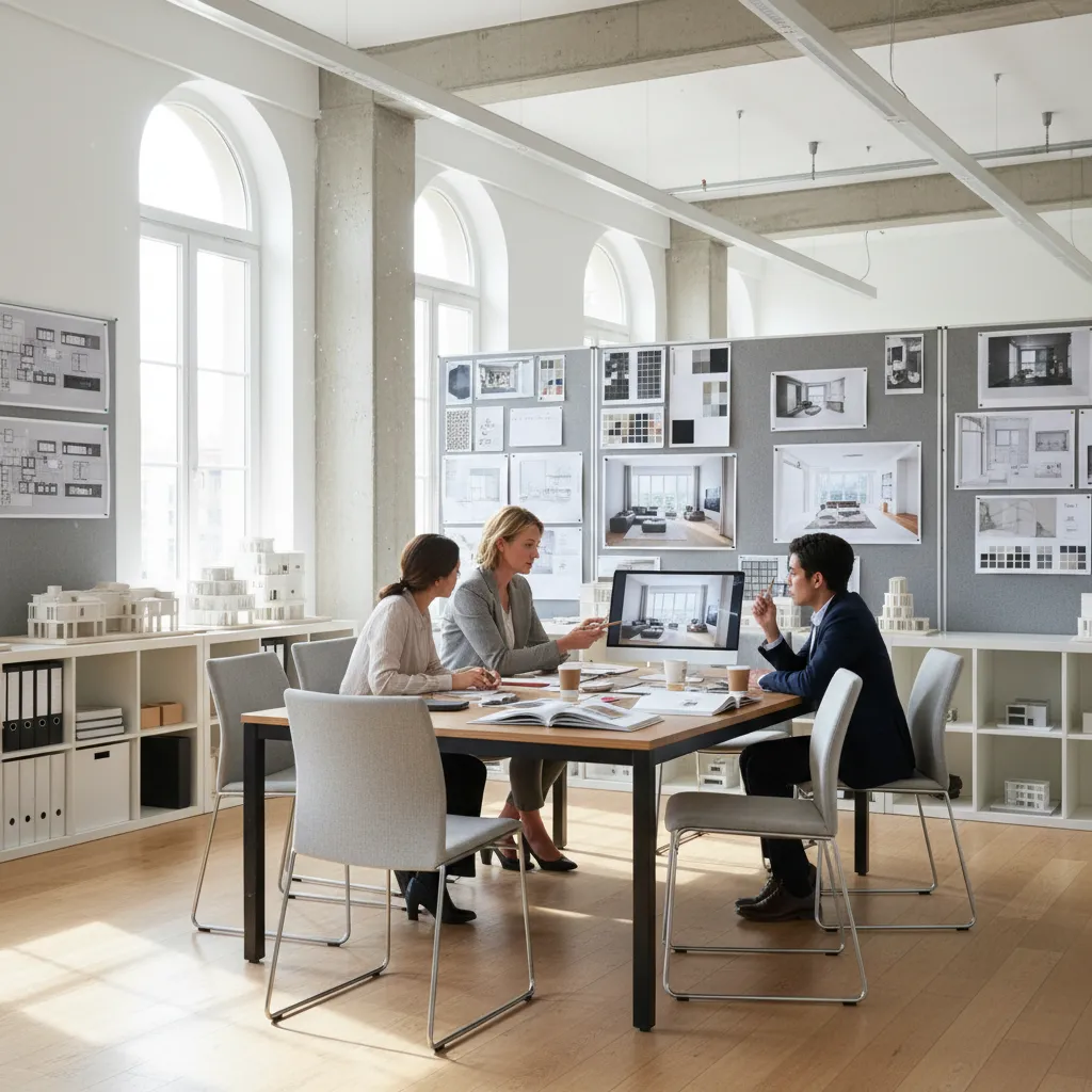 Three designers sitting at a table in a bright office looking at interior design drawing