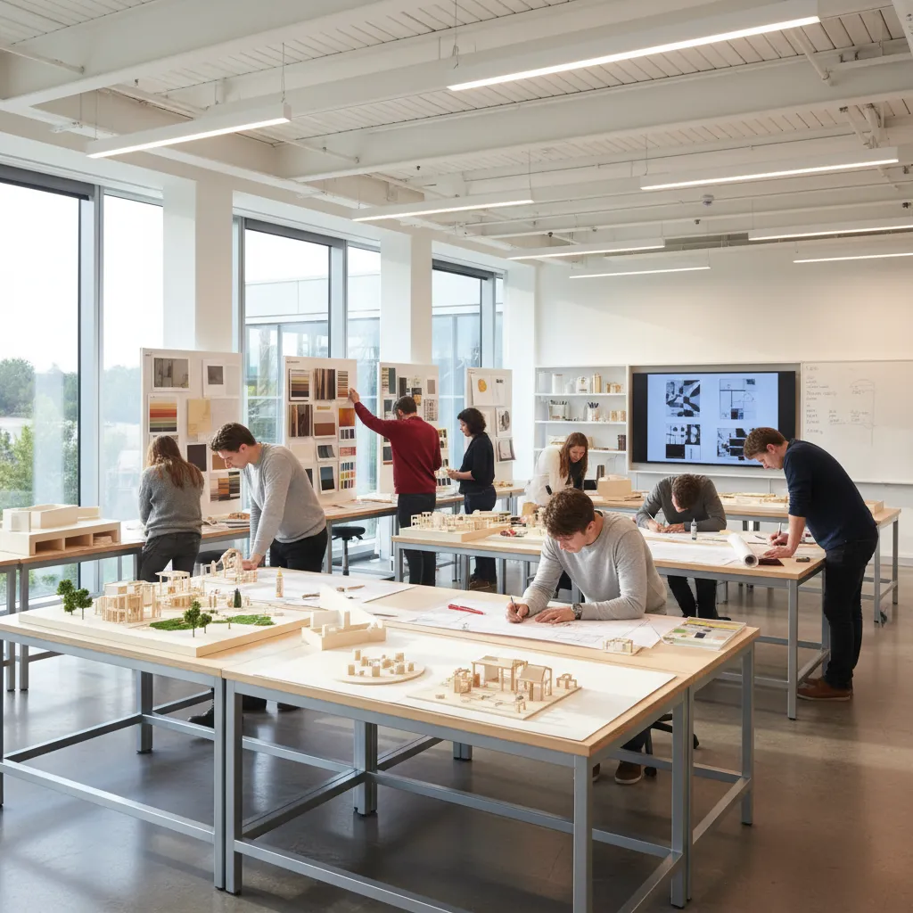 Clase de estudiantes aprendiendo diseño de interiores con planos y maquetas