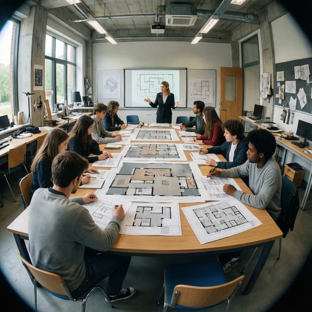 Clase de diseño de interiores con estudiantes revisando planos
