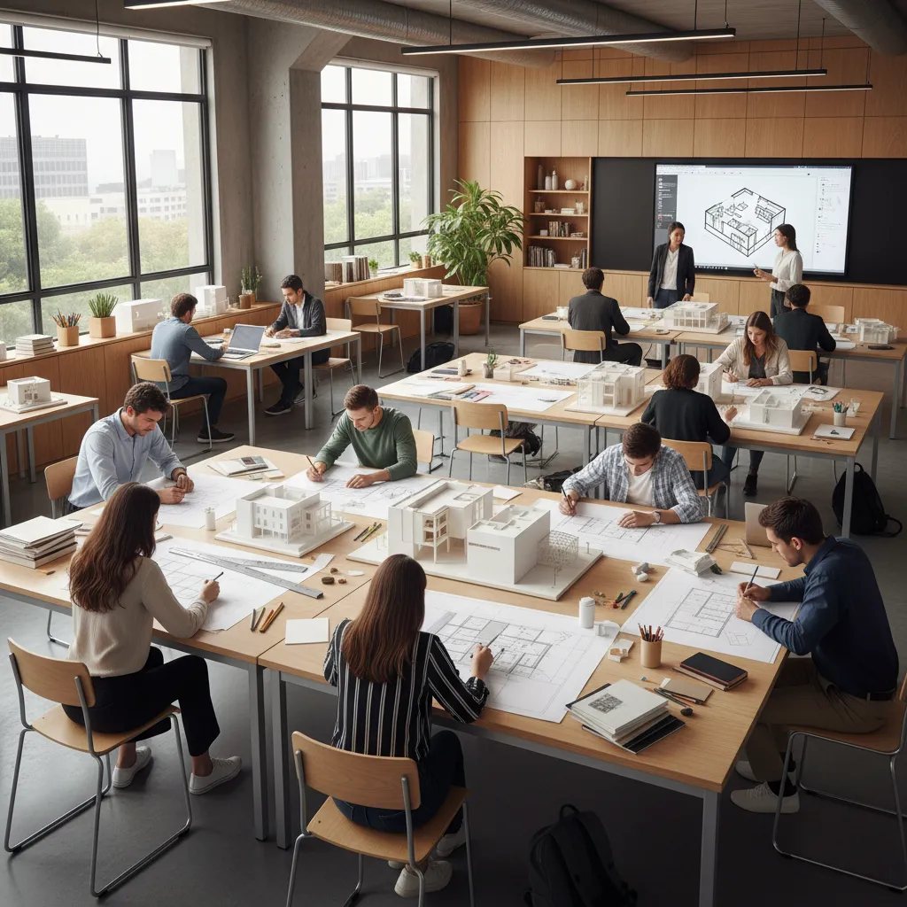 Clase de estudiantes de diseño de interiores trabajando con planos y maquetas