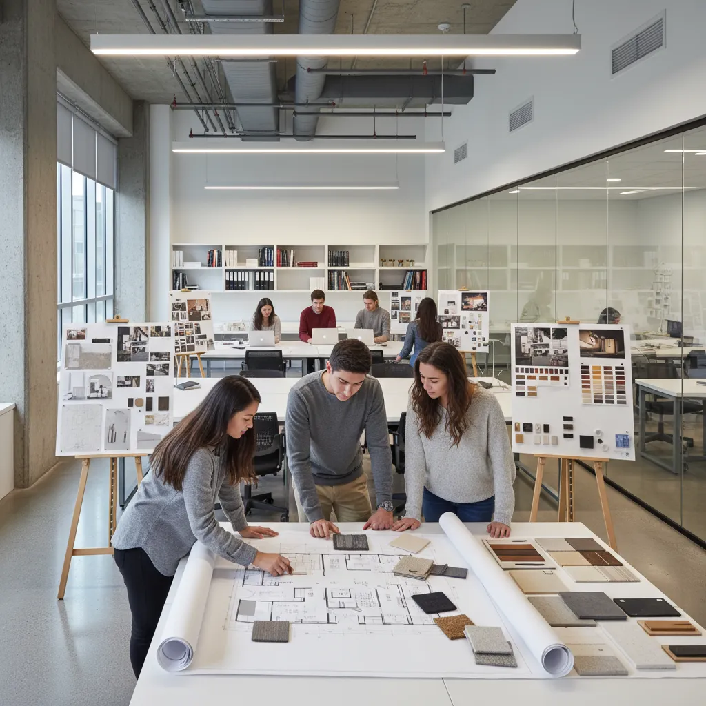 Clase de diseño de interiores con estudiantes revisando planos y materiales