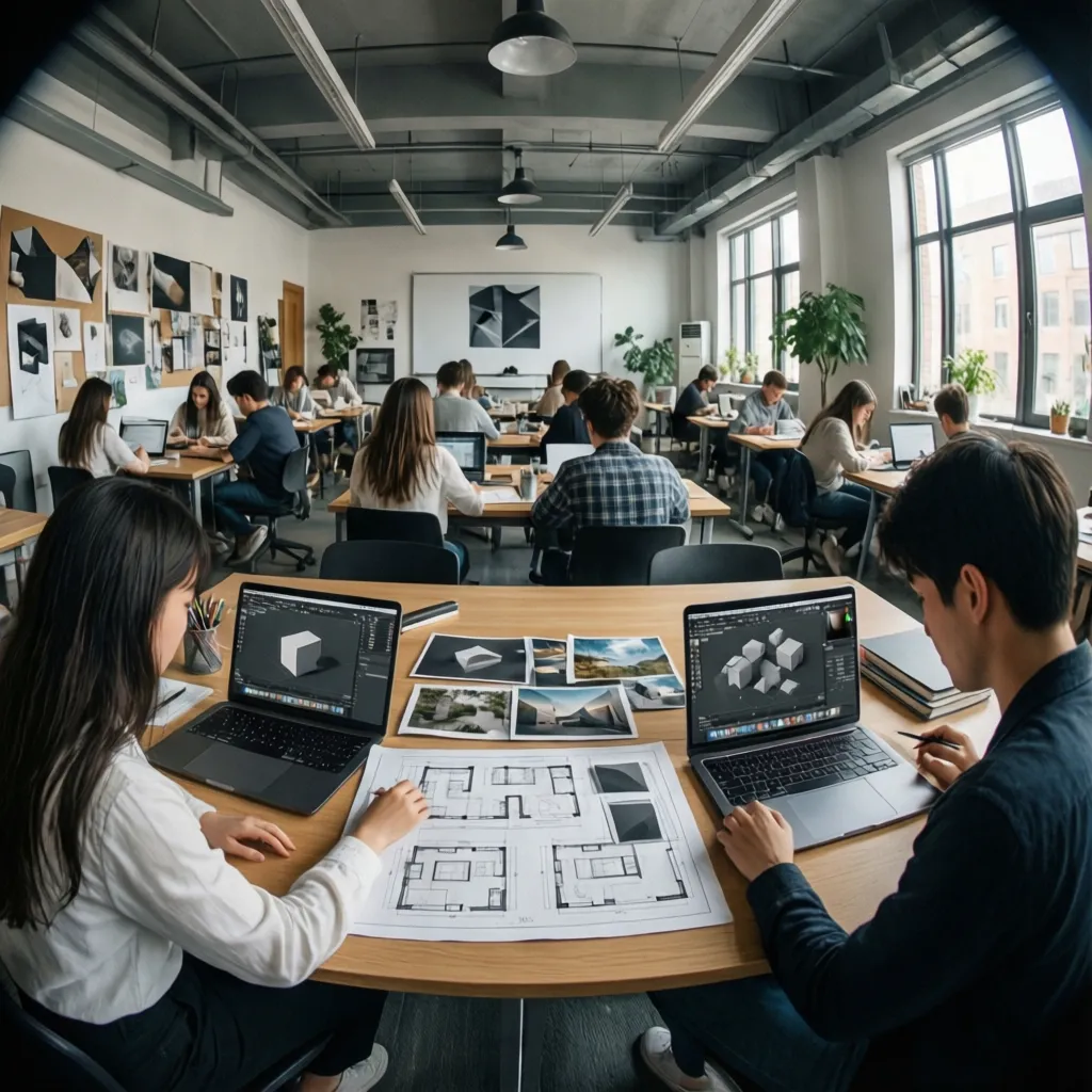 Clase de estudiantes trabajando en proyectos de interiorismo