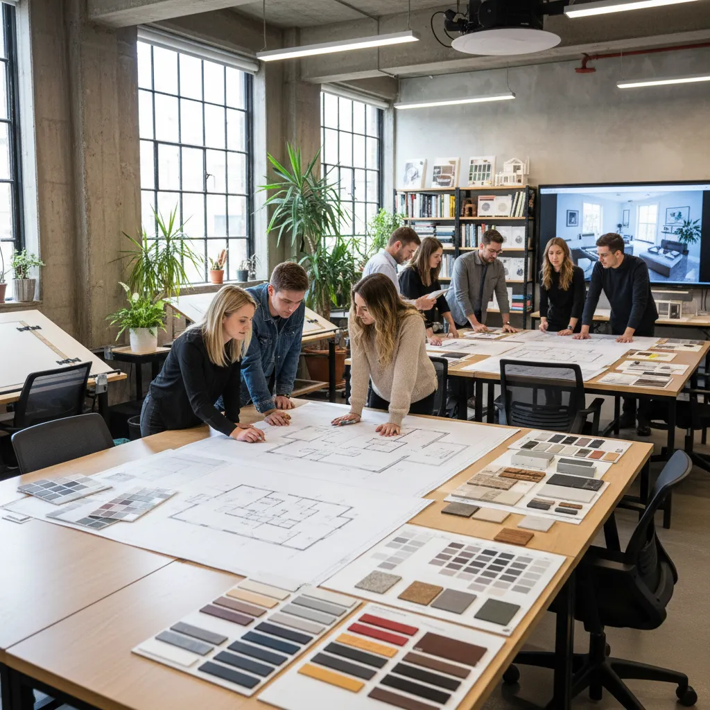 Team of designers reviewing floor plan interior design drawing with material samples in bright studio.
