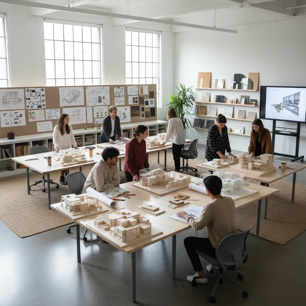 Clase de diseño de interiores con estudiantes revisando proyectos y maquetas