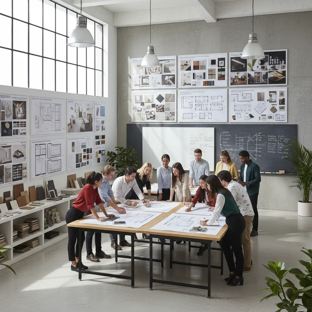 Clase de diseño de interiores con estudiantes revisando planos