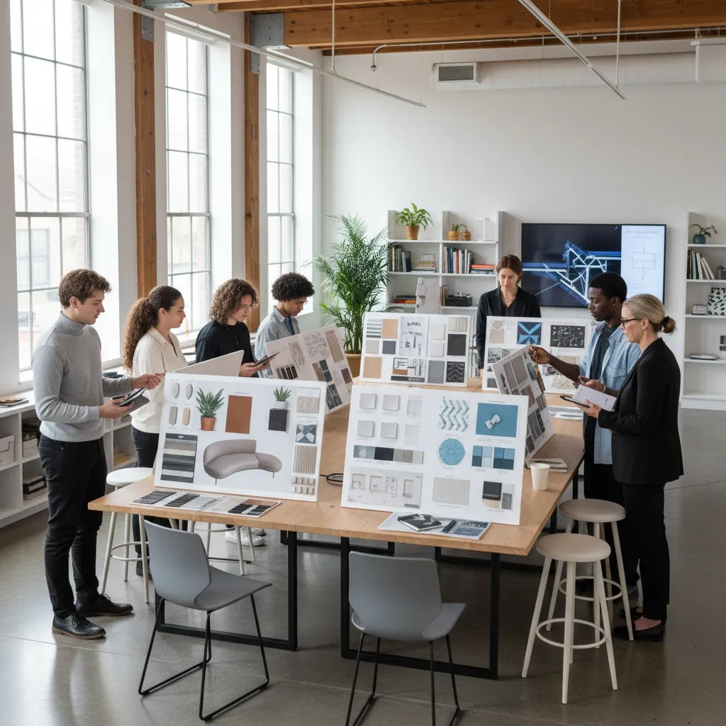 Clase de diseño de interiores con estudiantes revisando proyectos