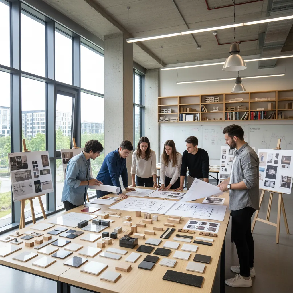 Clase de estudiantes trabajando en proyectos de diseño interior con planos