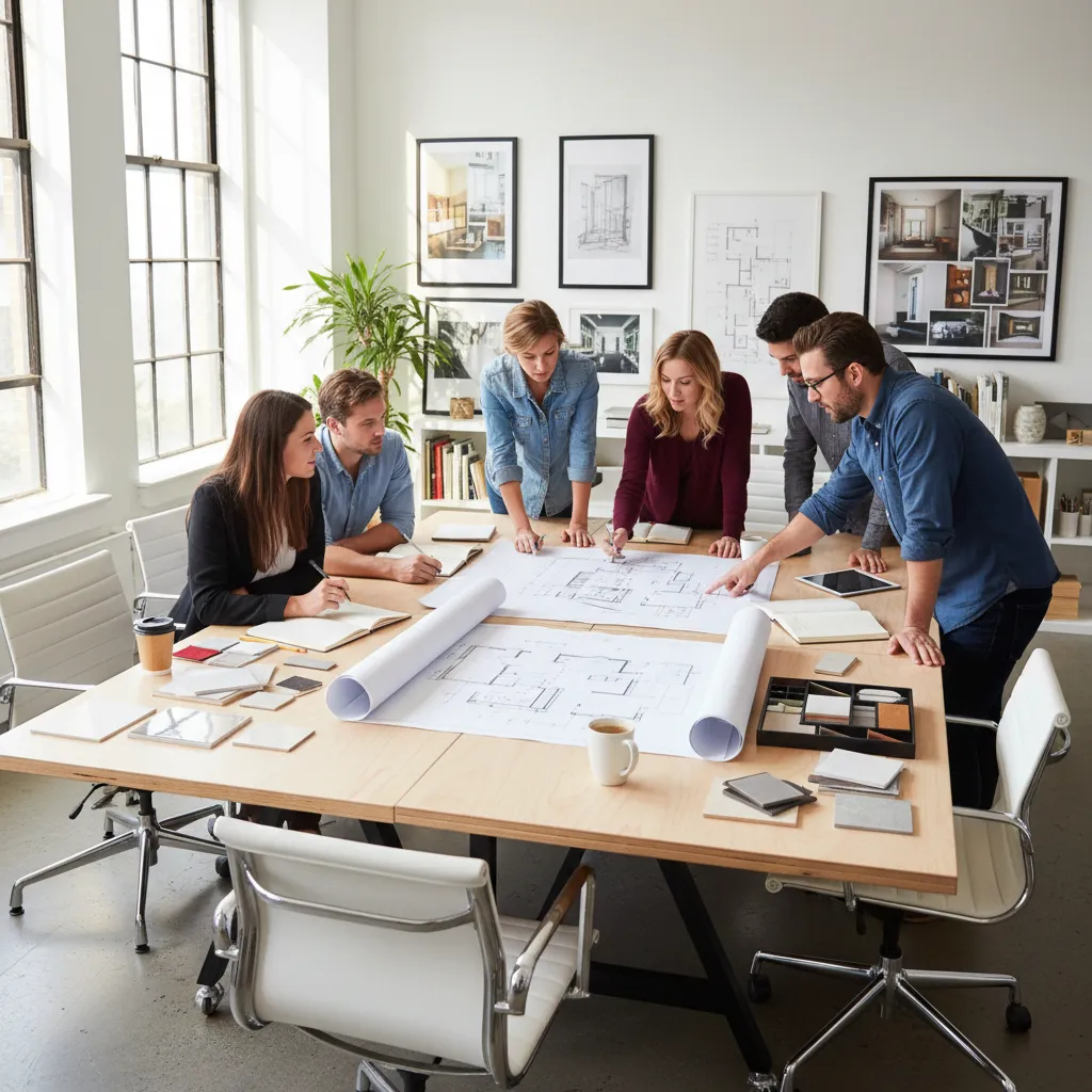Clase práctica de diseño de interiores con estudiantes revisando planos