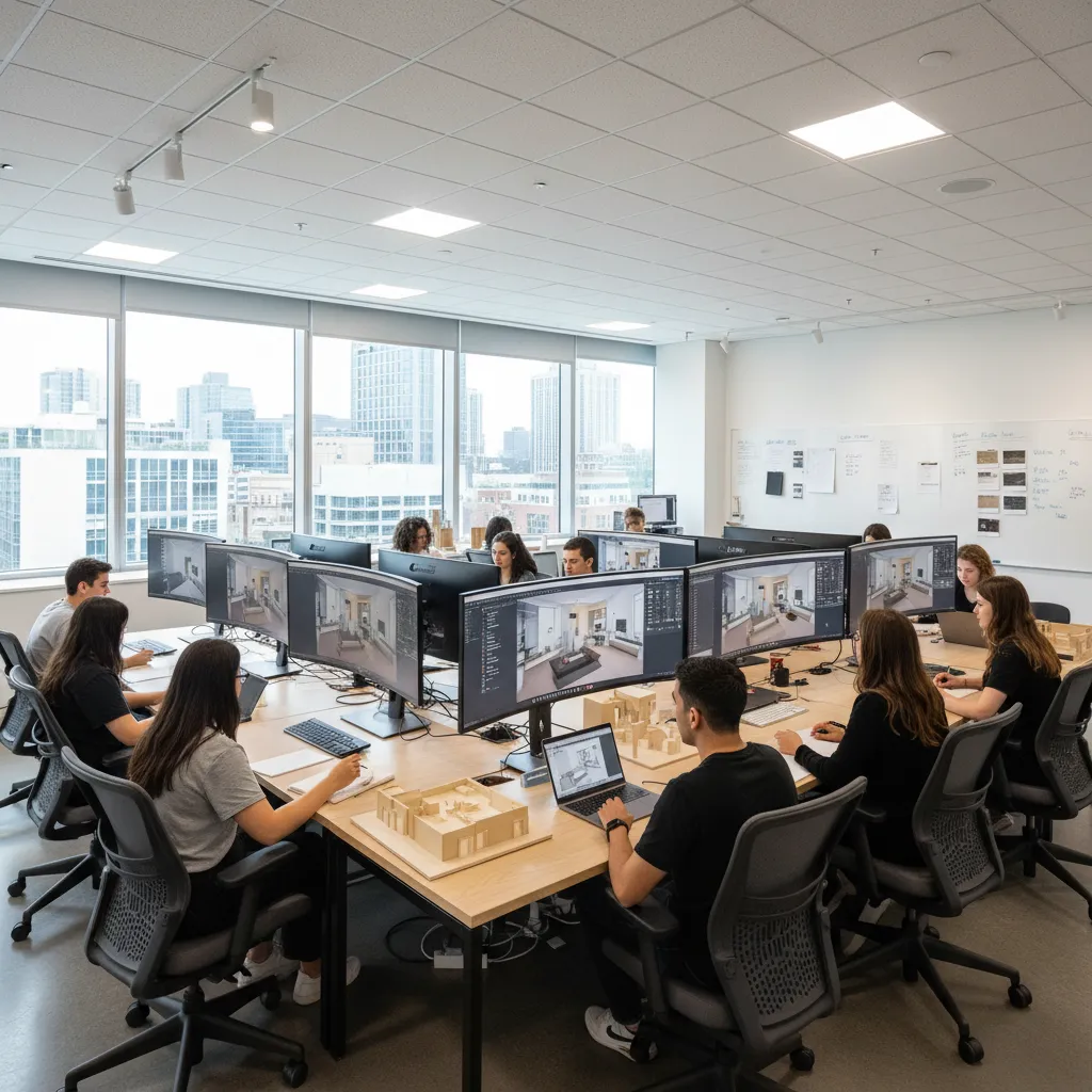 Clase de diseño de interiores con estudiantes trabajando en modelos 3D