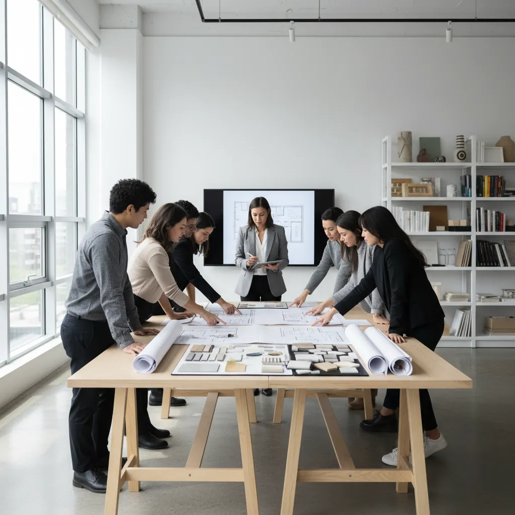 Clase práctica de diseño de interiores con estudiantes revisando planos