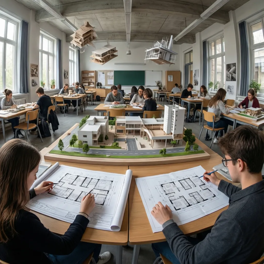 Clase de diseño de interiores con estudiantes revisando planos y maquetas