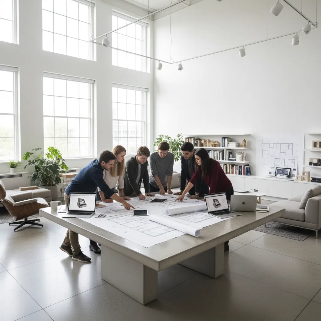 Clase de diseño de interiores con estudiantes revisando planos