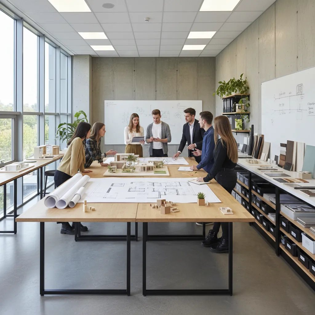 Students standing around large wooden table reviewing floor plans and house models in design studio