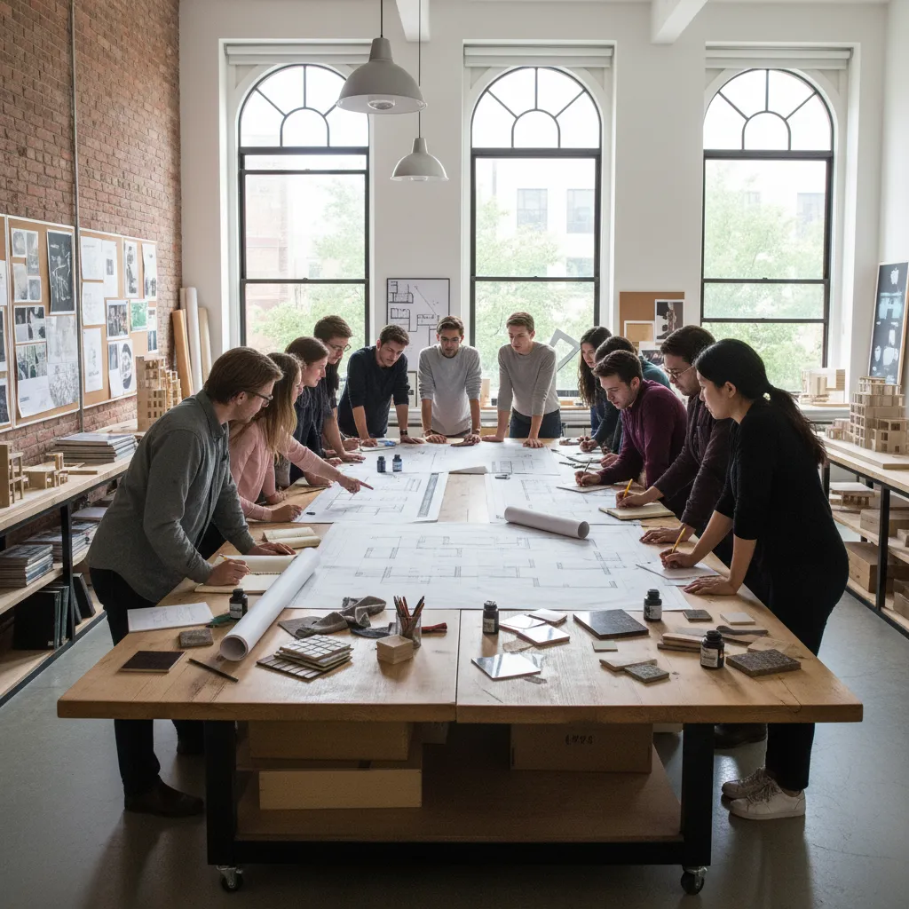 Group of interior design students standing around a large wooden table reviewing paper floor plans
