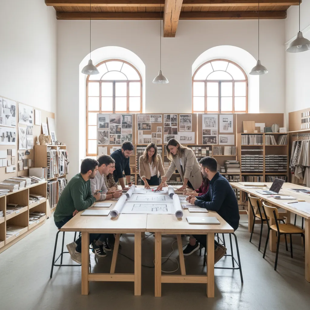 Designers discussing interior design drawings around a large wooden table in a bright professional studio