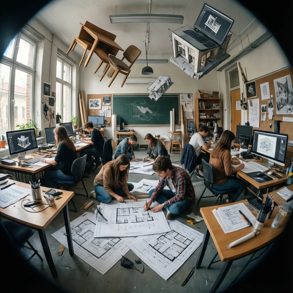 Estudiantes de diseño de interiores trabajando en planos en un aula
