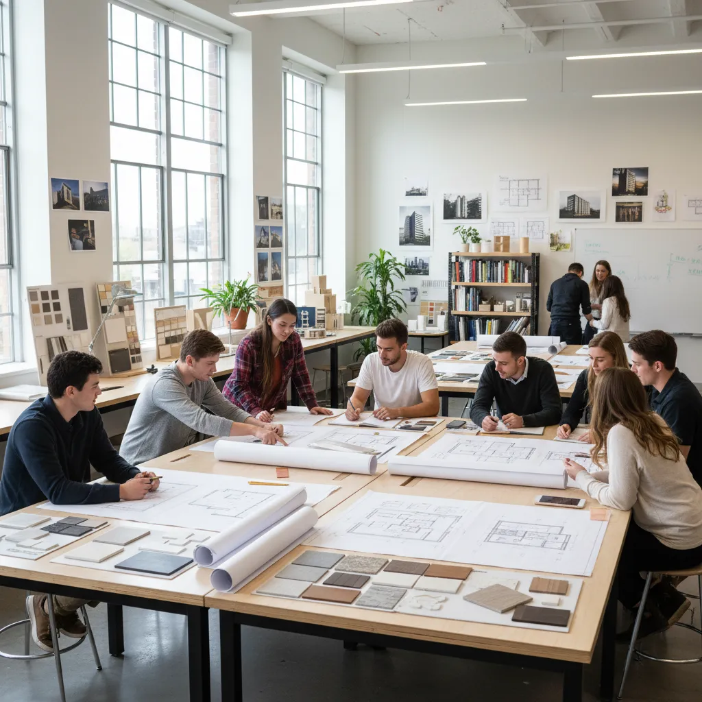 Clase de estudiantes de interiorismo revisando planos y materiales