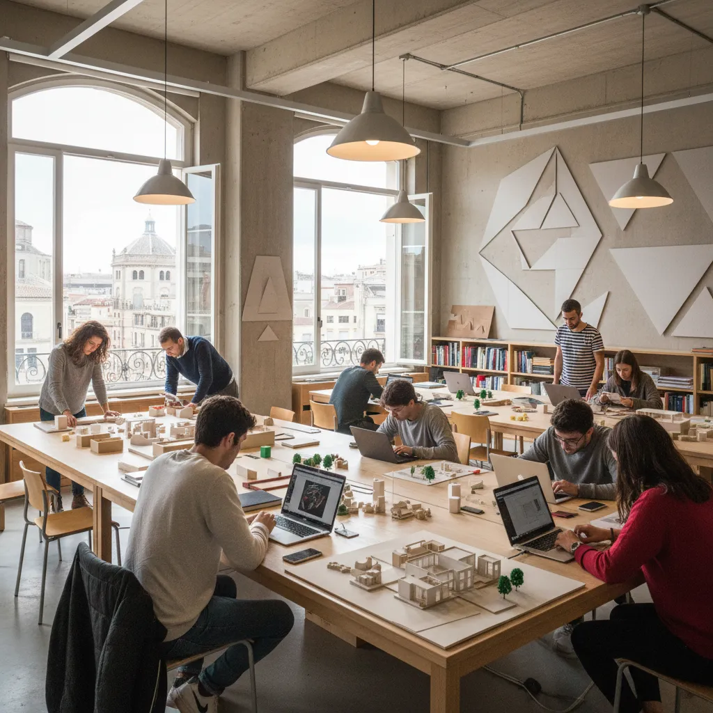 Clase de estudiantes de diseño de interiores trabajando en maquetas y ordenadores