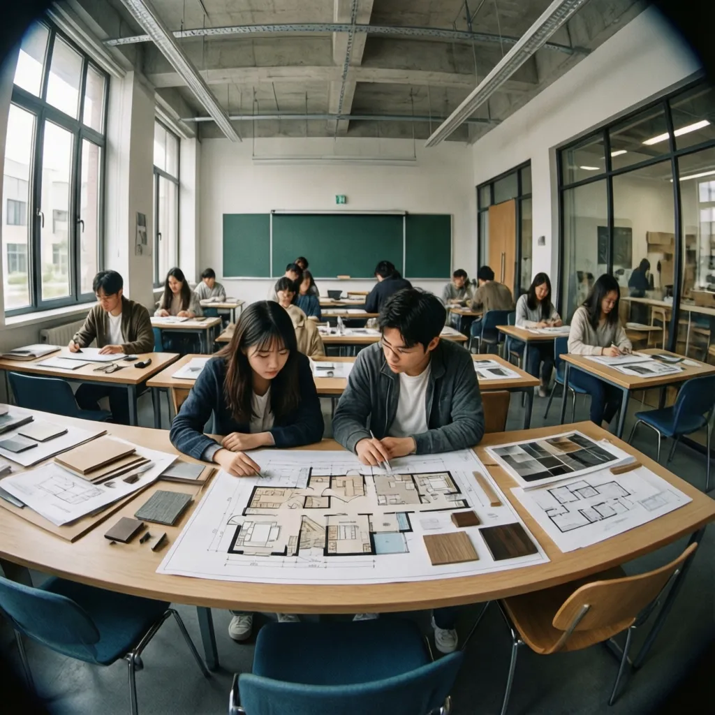 Students in a classroom studying large paper room layout with material samples on the table