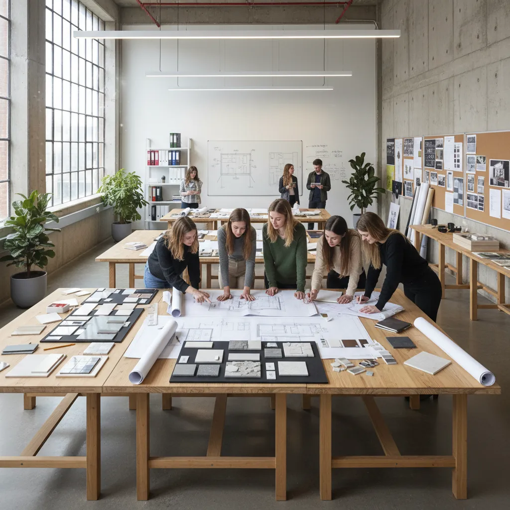 Estudiantes trabajando en proyectos de diseño de interiores en un aula