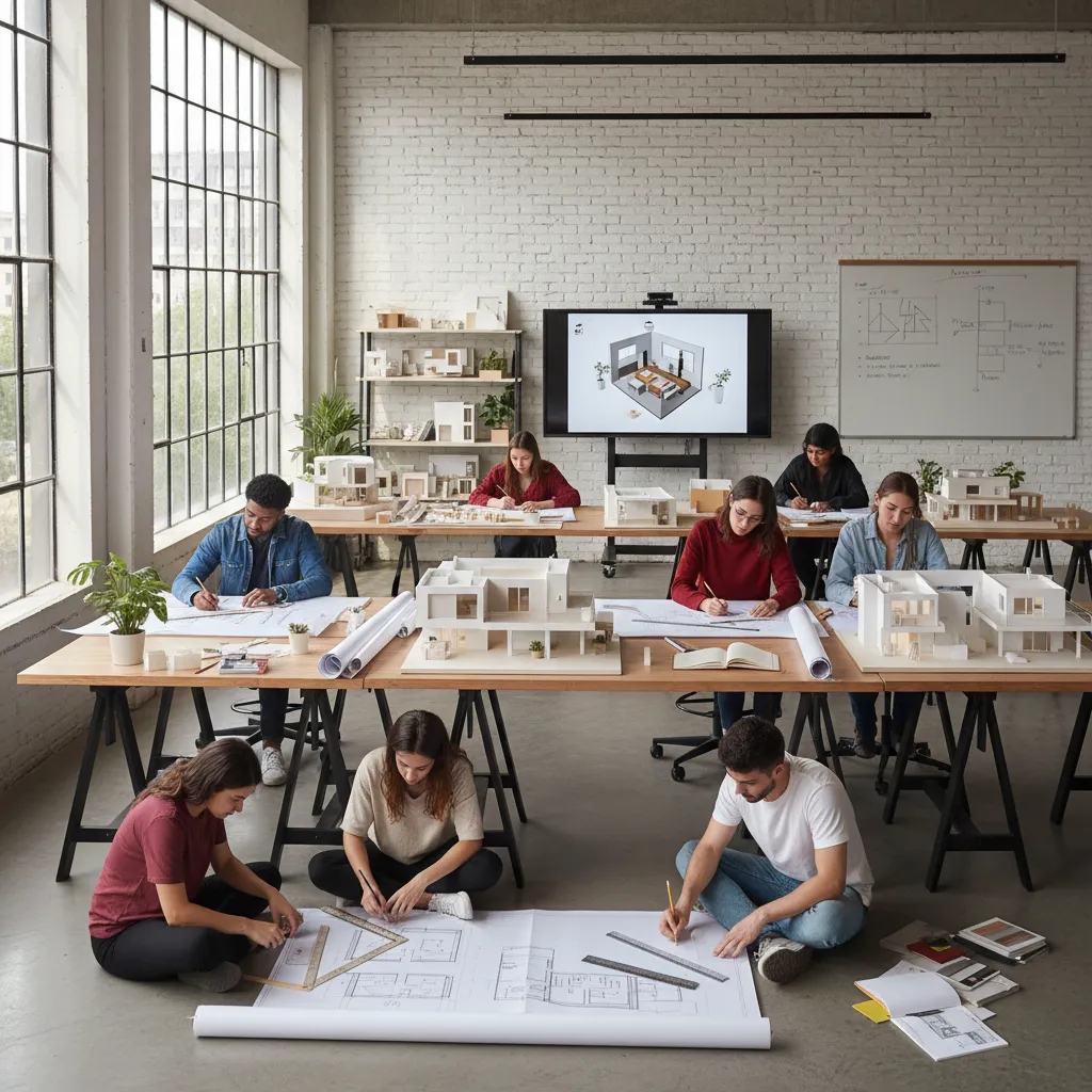 Estudiantes de diseño de interiores trabajando con planos y maquetas