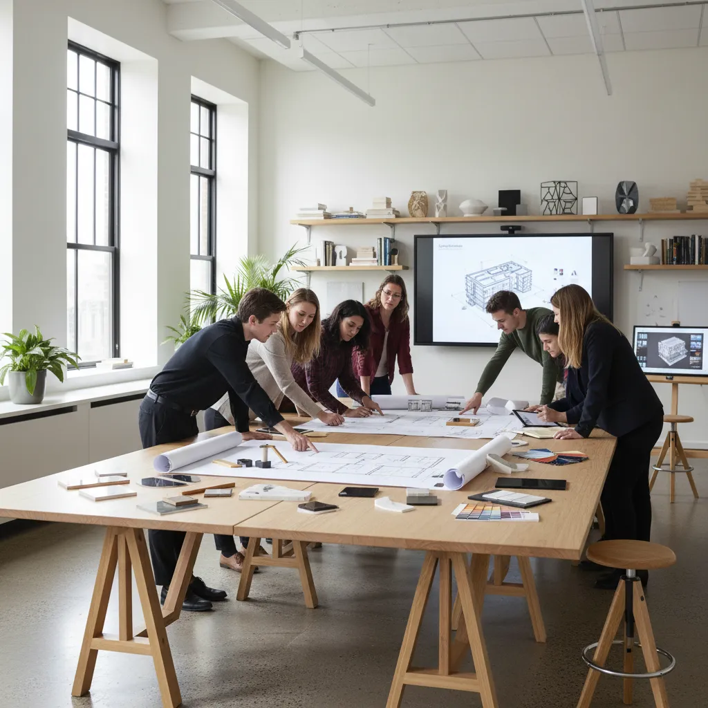 Clase de diseño de interiores con estudiantes revisando planos