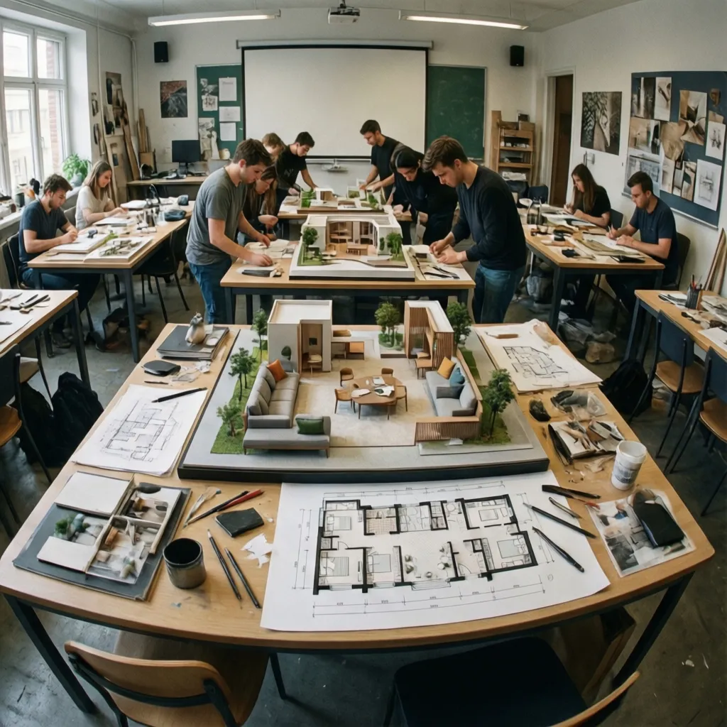 Estudiantes de diseño de interiores trabajando en maquetas y planos en aula creativa