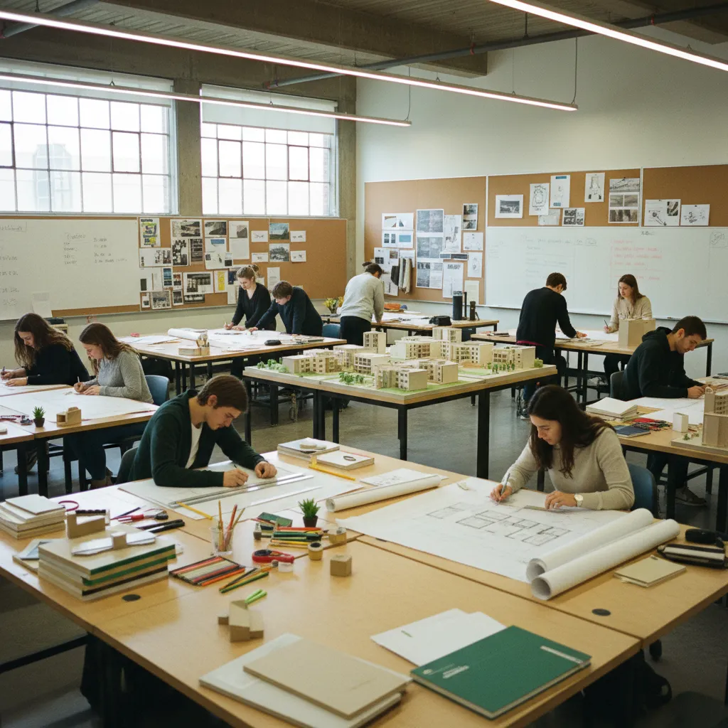 Estudiantes de diseño de interiores trabajando en planos y maquetas en un aula de diseño