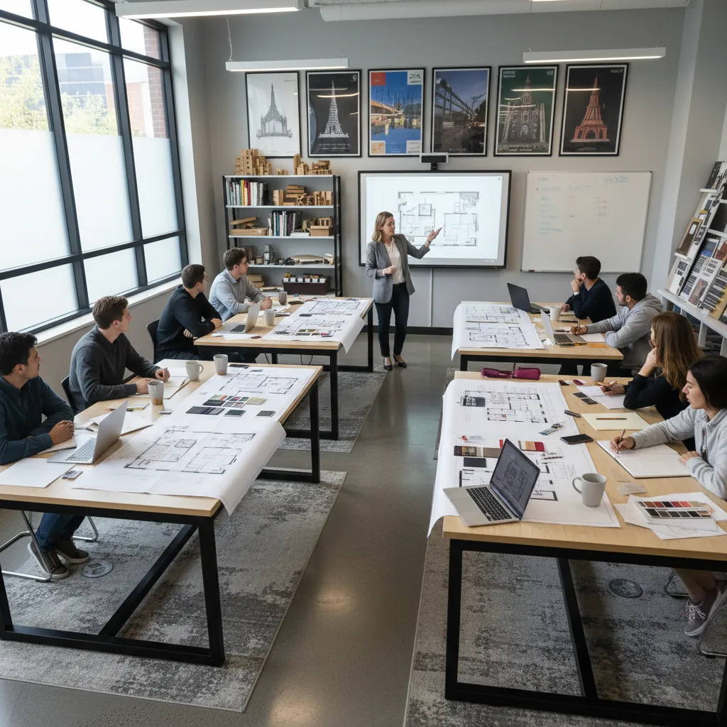 Clase de diseño de interiores con estudiantes revisando planos