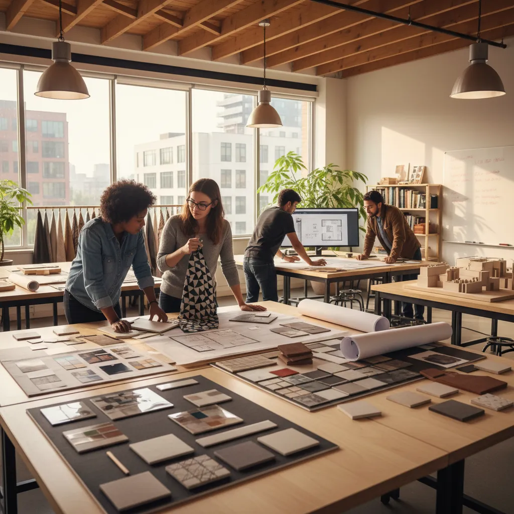 estudiantes revisando planos y materiales en una clase de diseño interior