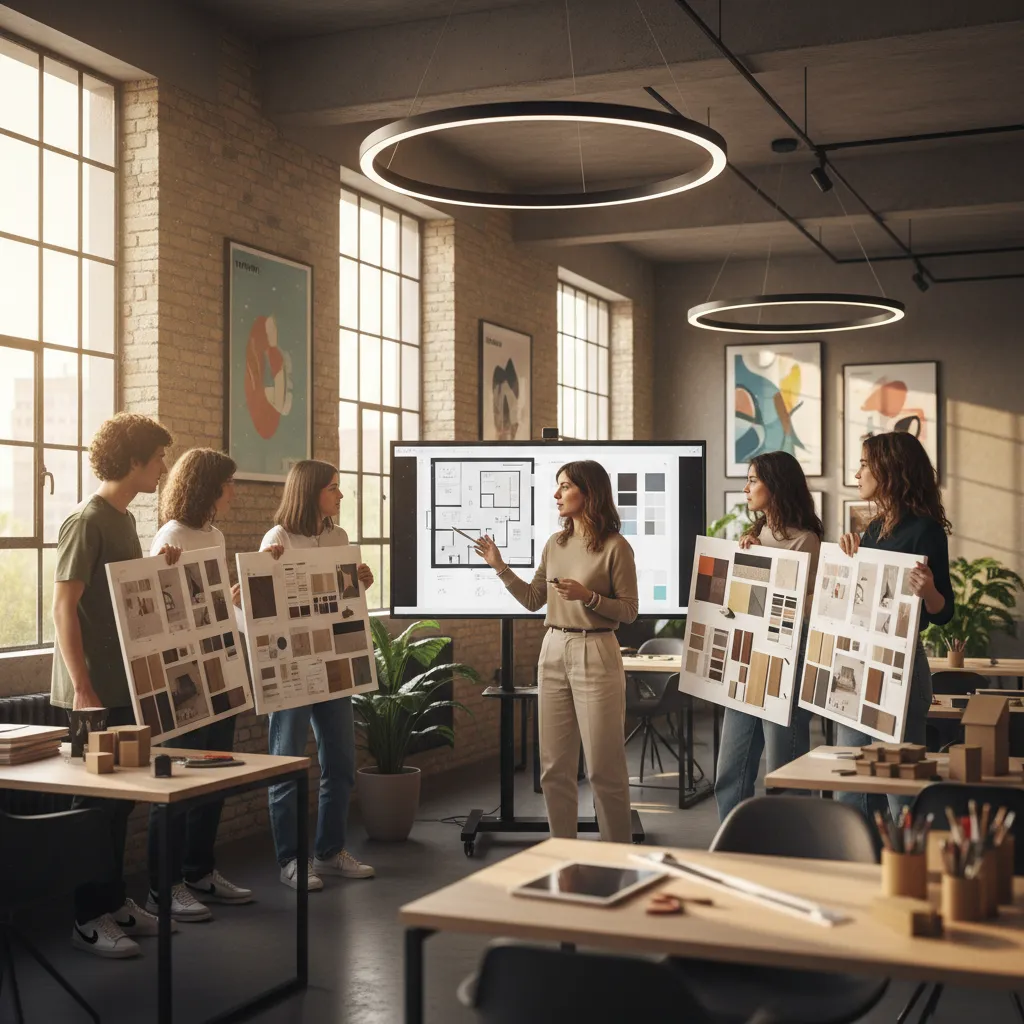 Teacher presenting floor plan on screen while students hold interior design material and color boards
