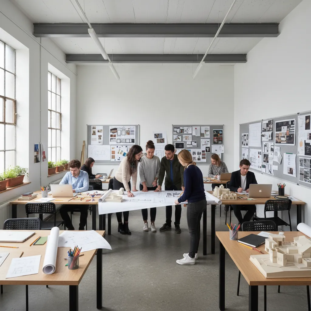 Clase de diseño de interiores con estudiantes revisando planos y maquetas