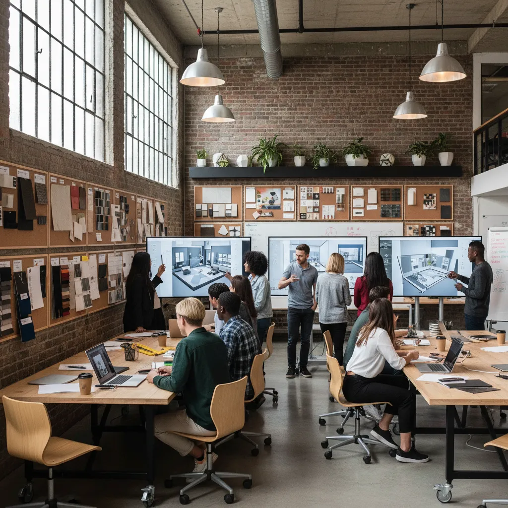 People in a design studio looking at interior design drawings on several large screen monitors