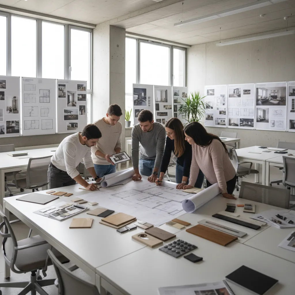 clase práctica de diseño de interiores con planos y materiales