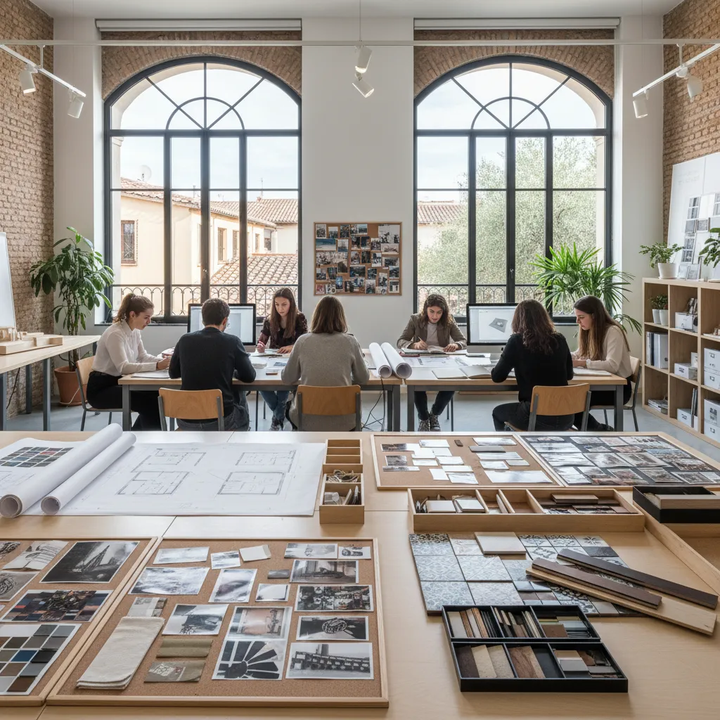 Interior design students working at tables in bright studio with large windows and material boards