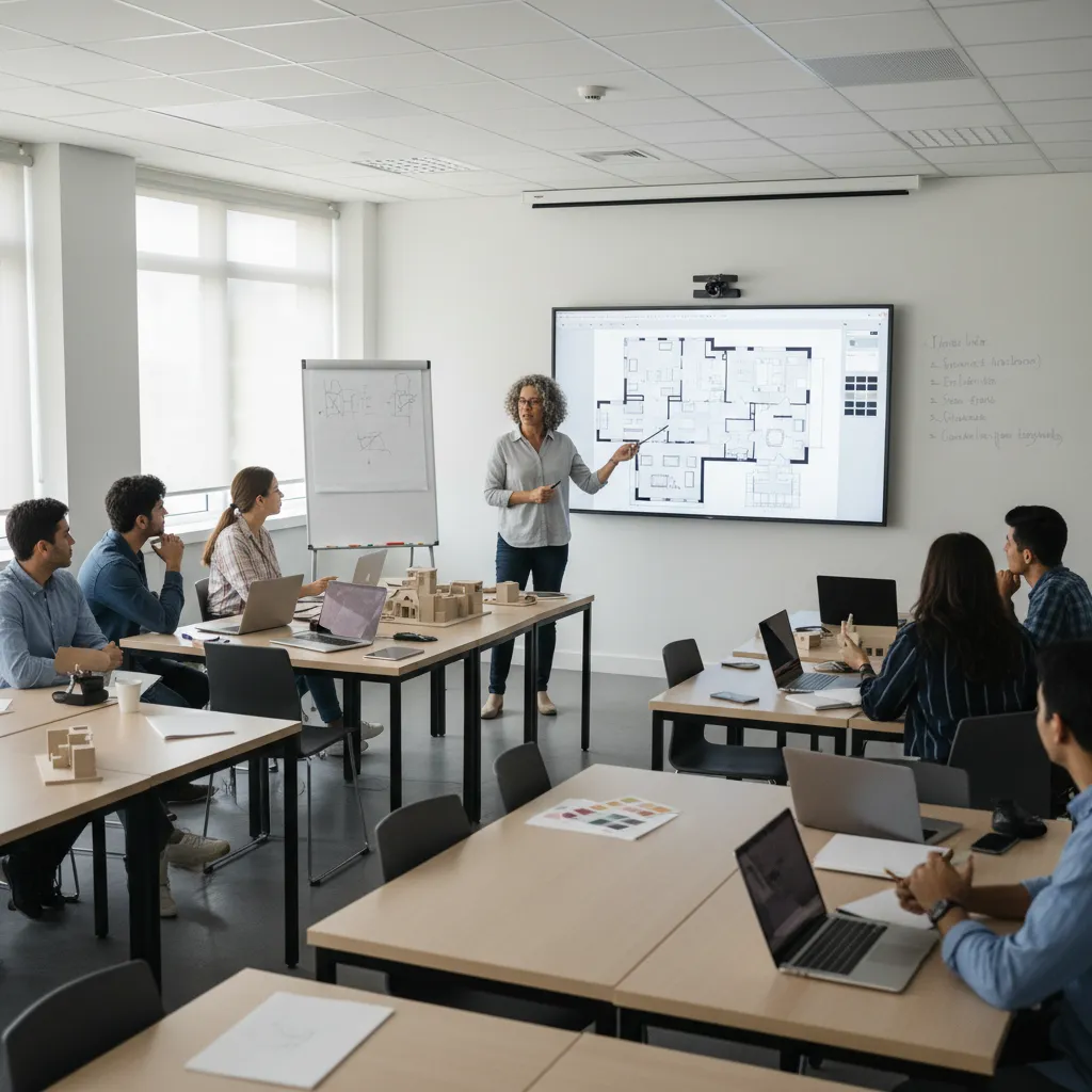 Teacher presenting interior floor plan on large screen to students using laptops in bright classroom