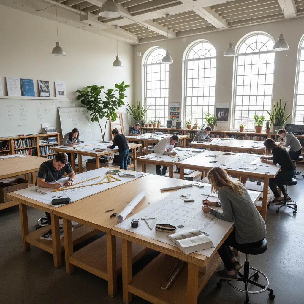 clase de diseño de interiores con estudiantes dibujando planos