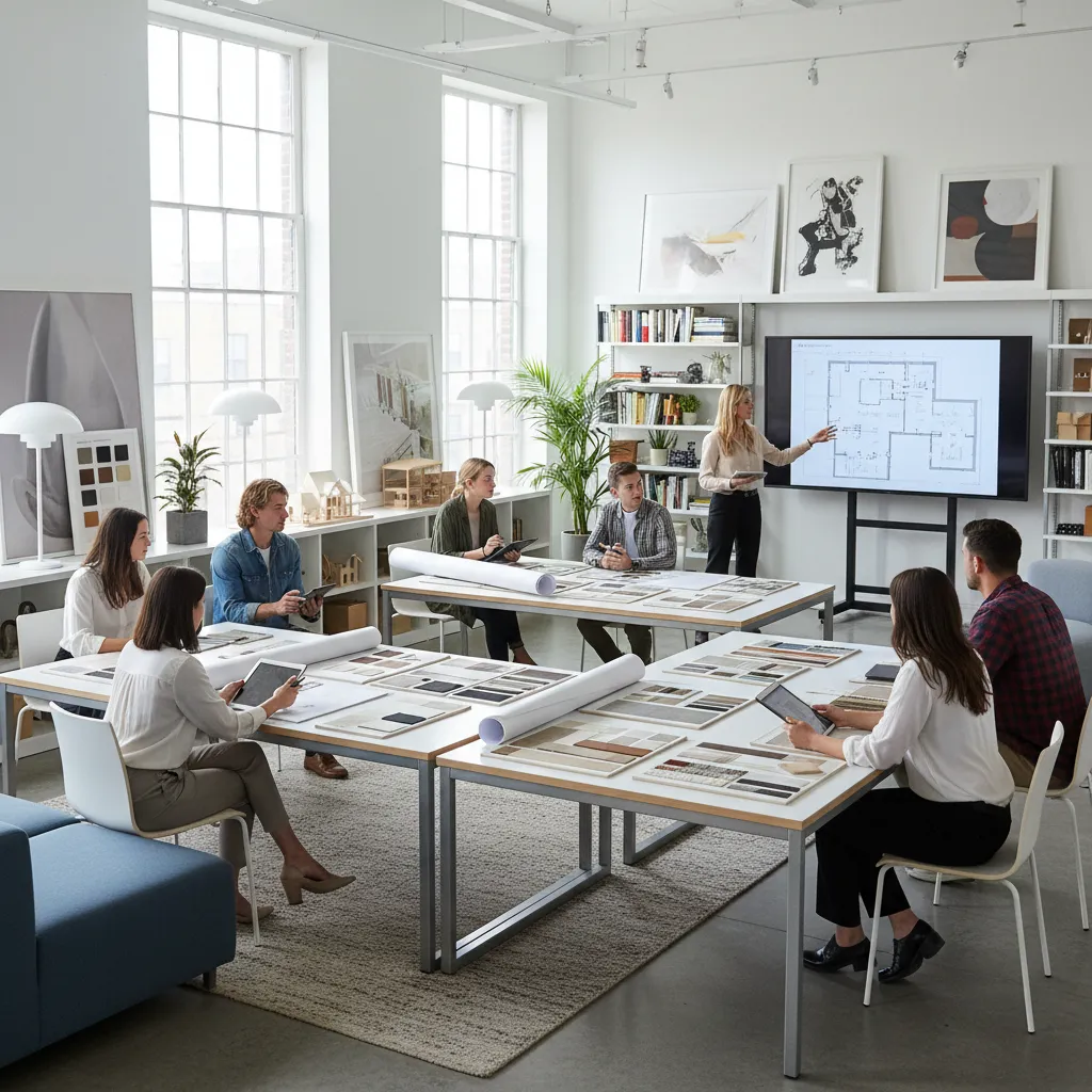 Interior design students sitting at tables watching a floor plan presentation on a large screen